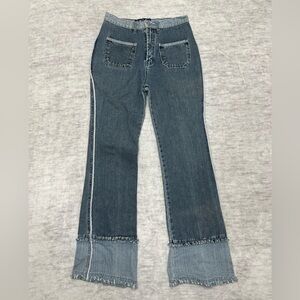 Patchwork Flare Jeans Y2K Frayed Hem Two Tone Denim Vintage